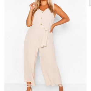 Linen look button belt jumpsuit